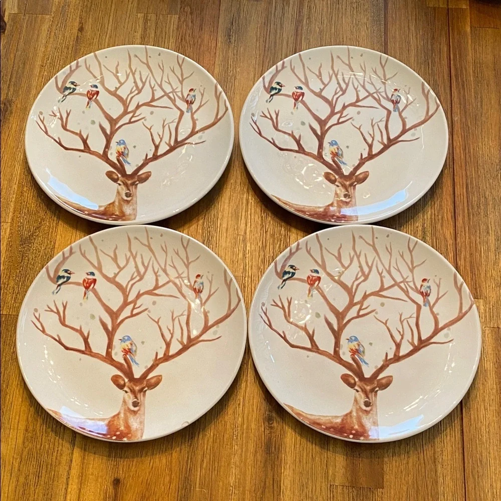 Pier 1 Alexander Deer and Bird Design Dinner Plates. 8.5” Diameter. Set of 4.